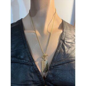 Michael Kors Gold-Tone Monogram Dog Tag Necklace Crystal Accents & T-Bar Closure